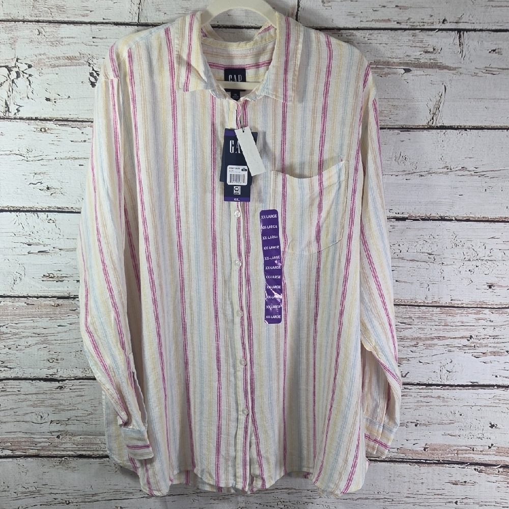 GAP Womens Linen Button up Casual Shirt - Pink‎ and Yellow Stripes NWT